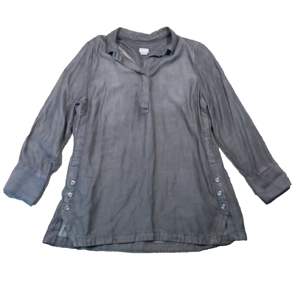 Chicos Lyocell Tunic‎ M Gray Hidden Button Chambray Minimalist Soft Distressed